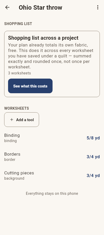 A project shopping list: fabrics totalled across worksheets with one rounding, and a check-off mode.